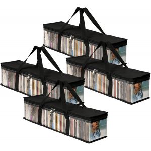 MEVRONISSHOP-Lot de 4 sacs de rangement pour DVD transparents - Portable - Avec poign&eacute;es - En plastique imperm&eacute;able - Pour DVD, CD, albums, jeux vid&eacute;o, livres - Neuf