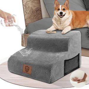 Znm Escalier Pour Chien,Escalier Chien À 2 Marches En Mousse À Haute Avec Housse Amovible Et Lavable,Escaliers Pour Petits Animaux Antidérapant Pour Lit Et Canapé-Gris - Neuf
