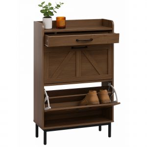 Meuble &agrave; chaussures basculant HWC-P45, &eacute;tag&egrave;re &agrave; chaussures, armoire &agrave; chaussures, 2 compartiments basculants, tiroir de rangement MDF 95x60x24cmmarron - Neuf