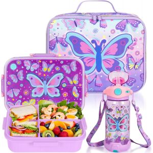Bo&icirc;te &Agrave; D&eacute;jeuner Bento Pour Enfants Avec Conteneurs &Agrave; D&eacute;jeuner &Eacute;tanches De 1200 Ml Avec 3 Compartiments, Bouteille D'eau Sans Bpa, Sac &Agrave; D&eacute;jeuner Isotherme Pour L'&eacute;cole, Les Filles, Les - Neuf