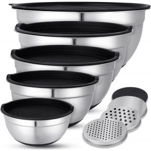 Jexnovashop-Lot De 5 Saladiers Avec Couvercle,Cul De Poule Inox,3 R&acirc;pes, Grand Saladier Inox Antid&eacute;rapant Avec Couvercle, Empilable, Protection Anti-&Eacute;claboussures, Passe Au Lave-Vaisselle - Neuf