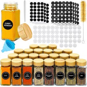 Jexnovashop-Pot &Agrave; &Eacute;pices En Verre Et Bois - 24 Pi&egrave;ces 120ml Pots &Agrave; &Eacute;pices Set,Ensemble De Bocaux &Eacute;pices Pour Un Rangement Cuisineavec &Eacute;tiquettes Epices,Saupoudreur,Entonnoir,Brosse - Neuf