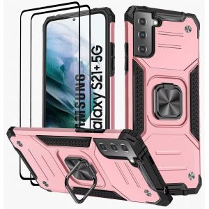 Kal-Coque Compatible Pour Samsung Galaxy S21+ / S21 Plus 5g, Protection Écran [2 Pièces] Housse Tpu Silicone Rotation 360° Aimant Anneau Support Double Défense Protection Etui - Or Rose - Neuf