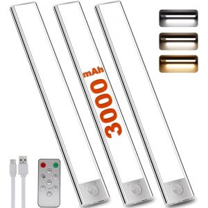 Led Lampe De Placard Avec Détecteur De Mouvement Avec Télécommande 30Cm 3000Mah 3000K-6000K 2 Modes Dimmable Rechargeable Usb-C,Éclairage Étude De Cuisine Veilleuse Escalier (3Piece) - Neuf
