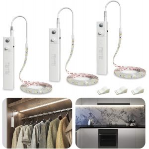 ChenQuanSarl-Lot De 3 Bandes Led Avec Détecteur De Mouvement Sibi,Fonctionne Sur Piles,Éclairage D'Armoire,Blanc Normal,4000 K,À Coller Partout,Veilleuse Pour Chambre À Coucher, Cuisine, Armoire,Écla - Neuf