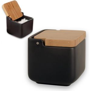 Tianyi-Pot A Sel Cuisine | Boîte À Sel En Céramique Avec Couvercle En Bambou, Parfaite Pour Sel Gros Et Sel Fin | Céramique Colour: Noir |11.5 X 11.5 X 11.5 Cm. - Neuf
