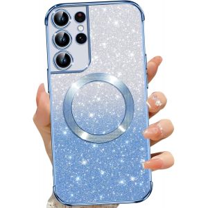 SJZG-Coque Magn&eacute;tique Pour Samsung Galaxy S21 Ultra 5G, Etui &Agrave; Paillettes Compatible Avec Magsafe, Antichoc Charge Sans Fil Housse Pour Samsung S21 Ultra, Bleu - Neuf