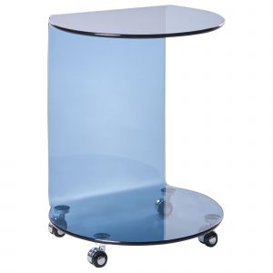 Table d'appoint MINTO Verre de s&eacute;curit&eacute; Bleu avec roues - Neuf