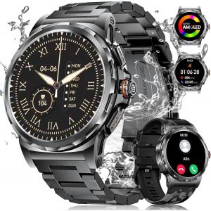 Montre Connectée Homme Militaire (2 Bracelets), 1,43"" Amoled Montre Sport,Smartwatch Noire Avec 120+ Modes Sportifs/Étanchéité Ip68/Fréquence Cardiaque/Compteur,Montre Homme Pour Ios Et Android - Neuf