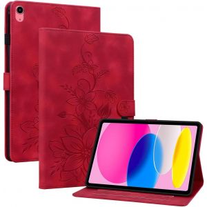 Kal-Coque Pour Ipad 11 Génération (A16 2025) 11""/Ipad 10 Génération 2022 10.9"", Multi-Angles De Visualisation Housse De Protection En Similicuir Avec Porte-Carte Couverture Motif Lys, Rouge - Neuf