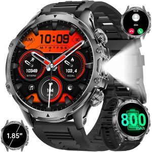 Montre Connectée Homme Militaire Avec 800mah Batterie, Lampe De Poche, 1,85"" Grande Écran, 107 Modes Sportifs, Étanche Ip68 Fréquence Cardiaque/Spo2/Sommeil Smartwatch Pour Android Ios - Neuf
