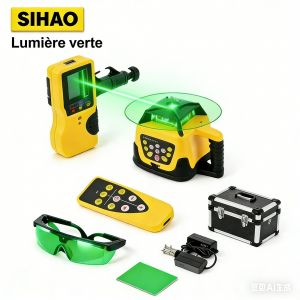 Niveau laser Vert 4x360&deg;-SIHAO-Port&eacute;e de travail de 500 M-Offrir le r&eacute;cepteur laser, la t&eacute;l&eacute;commande, la carte cible laser, les lunettes de protection laser, la bo&icirc;te de transport et le chargeur - Neuf