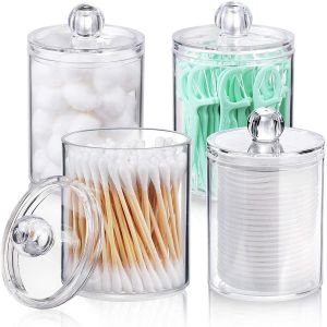 Lot de 4 distributeurs de cotons-tiges pour boules de coton, cotons-tiges, tampons ronds, fil dentaire &iquest; Pot d'apothicaire en plastique transparent de 283,5 g pour salle de bain, organisateur - Neuf