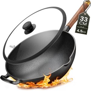 Subzonal-Friedewald Wok En Fonte Avec Couvercle &iquest; Convient Pour L'induction &iquest; 33 Cm &iquest; Pour 4 &Agrave; 6 Personnes &iquest; Tous Types De Feux &iquest; Grill Et Po&ecirc;le &Agrave; Frire Massif &iquest; Rev&ecirc;tement Anti-Adh&eacute;sif Naturel - Neuf