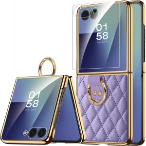 TRAHOO-Cover pour Samsung Galaxy Z Flip 7 avec Ring, [Verre Tremp&eacute; HD], PU Cuir Souple+PC Rigide Robuste Antichoc R&eacute;sistant aux Rayures Antid&eacute;rapante &Eacute;l&eacute;gant Ultra-Fine Coque Z Flip 7 Luxe (Violet) - Neuf