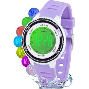 Jgd-Montre Enfant Avec Bracelet Imprim&eacute; Et 7 Lumi&egrave;res Color&eacute;es,Montre Digitale &Eacute;tanche Pour Enfants Avec Oreilles De Chat Pour Gar&ccedil;ons Et Filles De 5 &Agrave; 15 Ans (Violet - Blanc) - Neuf