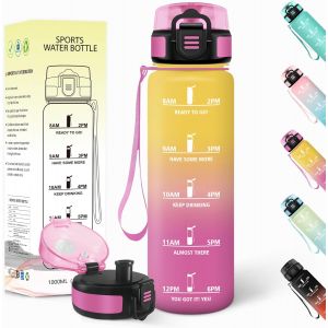 Acdsgd-Gourde 1l, Anti-Fuite, Gourde Sport, R&eacute;utilisable, Bouteille D'eau, Avec Marqueur De Temps, Bouteille, Sans Bpa, Pour Yoga, Randonn&eacute;e, Fitness, Sport, Jaune-Rose - Neuf