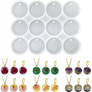 Moule En Silicone Avec 12 Cavit&eacute;s, Porte-Cl&eacute;s Rond En Silicone, Forme De Porte-Cl&eacute;s Rond, Cercle Plat Brillant Avec Trou, Pour Moulage En R&eacute;sine, Boucles D'oreilles, Porte-Cl&eacute;s Et &Eacute;tiquettes - Neuf