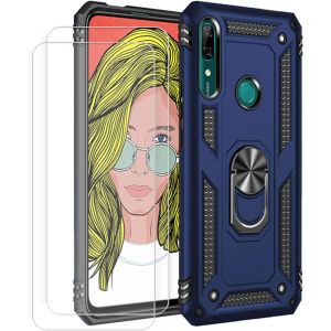 Kompatibel Coque Huawei P Smart Z,Etui + Verre Trempé[2 Pièces] Magnétique Support Armure Robuste Antichoc Silicone Tpu 360 Degré Cas De Téléphone De Voiture Bumper-Bleu - Neuf