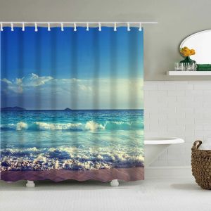 Face à la mer, motif de vagues, rideaux de douche en polyester imperméables et anti-moisissure, rideaux de salle de bain avec crochets par - Neuf