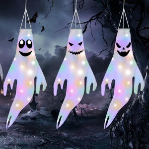 Mevronisshop-Halloween Ghost Windsock, 3pcs Halloween Manches &Agrave; Air, Drapeau Fant&ocirc;me D'halloween Avec Lumi&egrave;res Led, Halloween D&eacute;coration &Agrave; Suspendre Pour Ext&eacute;rieur Int&eacute;rieur F&ecirc;te Terrasse Pelouse (B) - Neuf