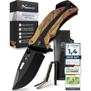 K29 Couteau Pliant Tiger-Couteau De Survie 3-En-1 Avec Brise-Vitre Et Coupe-Ceinture-Primé Par Le Bronze A' Design Award-Avec Pierre À Feu & Étui - Neuf