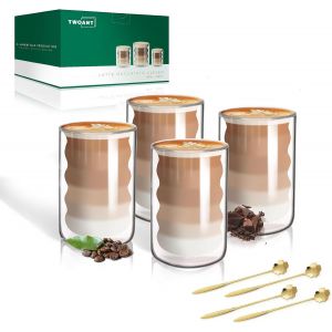 Tasse &Agrave; Caf&eacute; Double Paroi, 4 X 400 Ml Tasse Verre Double Paroi Ensemble, Verres &Agrave; Expresso Avec 4 Cuill&egrave;res Convient Pour Latte, Macchiato, Cappuccino, Bi&egrave;re, Lait, Th&eacute; - Neuf