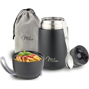 MEVRONISSHOP-Bo&icirc;tes Alimentaires Isothermes 450ml I 650ml I 800ml, Bo&icirc;te Isotherme Repas Chaud Porte-Aliments en Acier Inoxydable &agrave; Double Couche, Cuill&egrave;re Pliante pour Ecole, Bureau (650ml/Noir) - Neuf