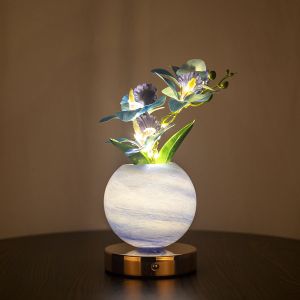 Lampe De Table En Forme De Sph&egrave;re Bleue Avec Orchid&eacute;es, Lampe De Chevet Led Tactile Rechargeable Usb, D&eacute;coration Florale Pour Chambre Et Salon - Neuf
