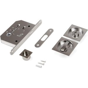 KALANKA-- Kit de serrure avec rosace carrée, serrure de condamnation pour porte coulissante, 57x57mm, Acier, Nickel satiné - Neuf