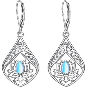 Chenquansarl-Boucles D'oreilles Pendantes En Forme De Lotus Avec Pierre De Lune Et Fleur En Argent Sterling, Argent Sterling, Pierre De Lune De Laboratoire - Neuf