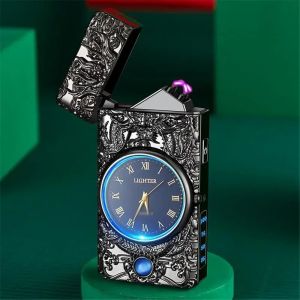 (Bleu Ciel) Briquet Électrique Usb À 2025led, Dragon En Relief Et Montre, Affichage De Puissance Sans Flamme Au Plasma, Briquet À Double Arc, Cadeau Créatif Pour Hommes - Neuf