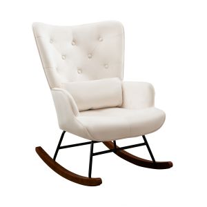 Fauteuil &agrave; Bascule Scandinave HOMEMIYN - Confort Velours Beige et Structure Bois-M&eacute;tal - Neuf