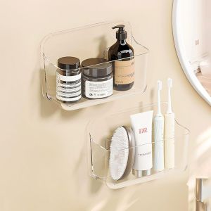 Lot De 2 Étagères De Douche Transparentes Sans Perçage Pour Montage Mural Avec Ruban Adhésif Autocollant, Étagères De Douche En Plastique Pour Salle De Bain Et Cuisine Version Longue. - Neuf
