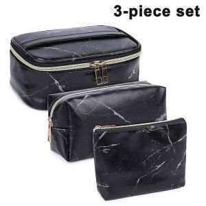 Trousse de maquillage 3 pièces en cuir synthétique ¿ Organiseur cosmétique étanche au design marbré pour les voyages et les articles de toilette - Neuf
