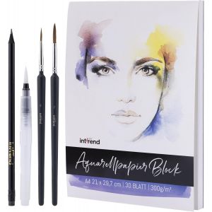 Kalanka-Carnet De Papier Aquarelle A4-30 Feuilles 300g - Inclus 2 Pinceaux + 1 Stylo Pinceau À Réservoir D'eau & 1 Crayon - Materiel Dessin Pour Peinture Aquarelle - Neuf