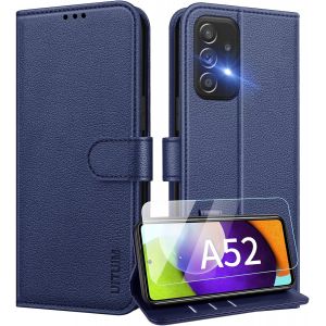 ELVORIX-Coque pour Samsung Galaxy A52 5G / A52s 5G / A52 4G Coque Etui Portefeuille Cuir avec Verre Tremp&eacute; Protection &Eacute;cran Porte Carte Rabat Clapet Flip Case &Eacute;tui Cover Housse Etui Coque,Bleu - Neuf