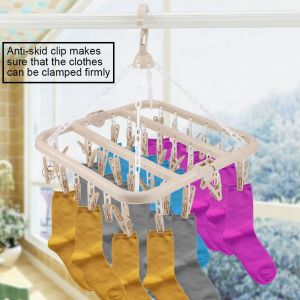 HJLIAN Sechoir a linge pliable a 32 clips, coupe-vent, pour chaussettes, sous-vetements, enfants (beige) - Neuf
