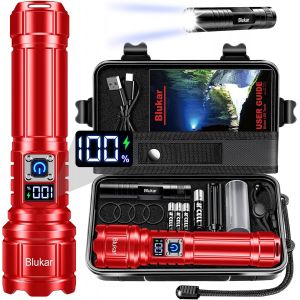 Lampe Torche Led Ultra Puissante, Lampe De Poche Rechargeable Avec Batterie 5000mah,Zoomable 5 Modes, Ip67 Étanche Torche Tactique Pour Camping Randonnée Pêche,Rouge - Neuf