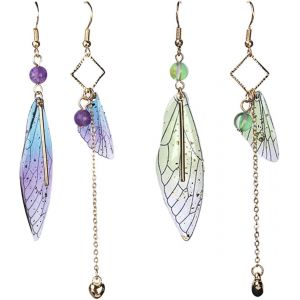 Kal-Lot De 2 Paires De Boucles D'oreilles Asymétriques, Ailes De Libellule, Crochets, Accessoires De Bijoux, Boucles D'oreilles Papillon Pour Carnaval (Violet, Bleu Sarcelle). - Neuf