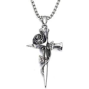 Kal-Hommes Collier Rose-Croix Pendentif Viking Vintage Chaîne En Acier Inoxydable Rétro Gothique Pendentif Bijoux Cadeaux Pour Hommes Garçons Père Longueur 60cm - Neuf