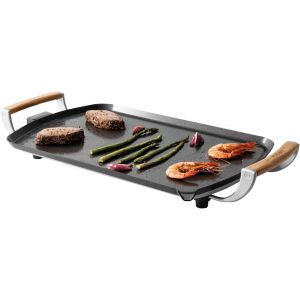 SUBZONAL-Boska Plancha &Eacute;lectrique Pro &iquest; Plaque Teppanyaki 35x56 cm &iquest; Rev&ecirc;tement C&eacute;ramique sans PFAS &iquest; Thermostat R&eacute;glable &iquest; &Eacute;coulement des Graisses &iquest; Poign&eacute;es en Ch&ecirc;ne &iquest; Noir - Neuf