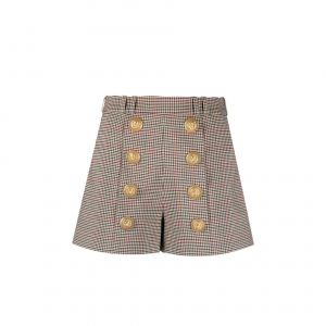 Shorts En Laine Mélangée À Carreaux Vichy Taille Haute Balmain - Beige - Neuf