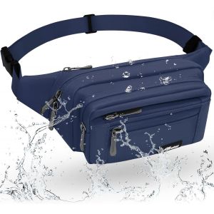 nzqaf-Sac Banane Homme Femme Multipoches Sac Ceinture Ville Imperméable Sac Banane Voyage avec Housse de Pluie, Sacoche Banane Grande pour Balade Escalade Voyage Randonnée (Bleu foncé-1) - Neuf
