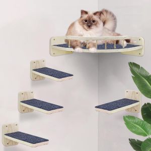 Mur D'escalade Pour Chat, Escalier Mural Et Lit D'angle Avec Tapis Antid&eacute;rapant, Ensemble De 5 Meubles En Bois, Arbre A Chat Mural Avec Vis De Fixation, Jusqu'&agrave; 15 Kg, Arbre &Agrave; 1chat - Neuf