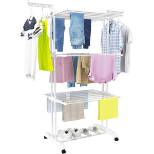 Etendoir Linge4 Niveaux Grande Sechoir a Linge Pliable avec RouesAcier Inoxydable Seche Linge Etendoir pour Intérieur et ExtérieurGris - Neuf