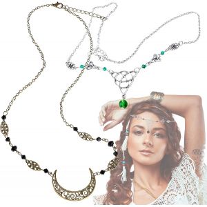 Kal-2 Pièces Boho Chaîne, Bijoux De Tete Oriental, Accessoire Cheveux Mariage Boheme, Chaine De Tete Medievale, Boho Tête Chaîne Avec Cristal Et Motif Lune, Accessoire Cheveux Noeud Celtique - Neuf