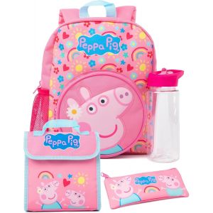 Kids 4 Pièces Sac À Dos | Filles Garçons Animé George Pig Hearts Pink Rucksack Lunch Bag Pencil Case Water Bottle | Cadeaux De Sac De Retour À L¿École - Neuf