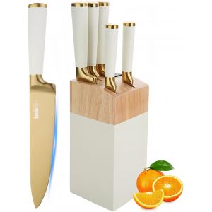 Mevronisshop-Ensemble De Couteaux, Ensemble De 6 Couteaux Rev&ecirc;tus De Titane Avec Bloc En Bois Rose, Ensembles De Couteaux De Chef En Acier Inoxydable Tranchants Pour La Cuisine, Aiguiseur Int&eacute;gr&eacute; (Bl - Neuf