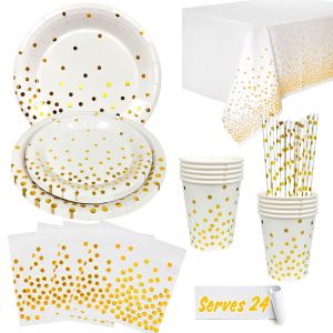 Décoration de Fête D&#39;anniversaire Blanc or Vaisselle, Vaisselle de fête Blanc or Vaisselle, Decoration Anniversaire, Ensemble De Vaisselle De Fête - Neuf